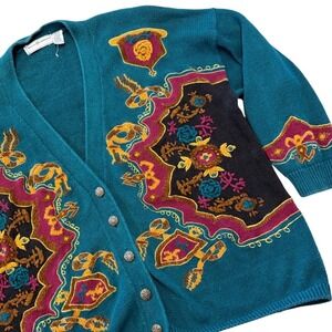 Vintage Maggie Lawrence Women 26 28 Teal Button Front Cardigan Sweater Cottage